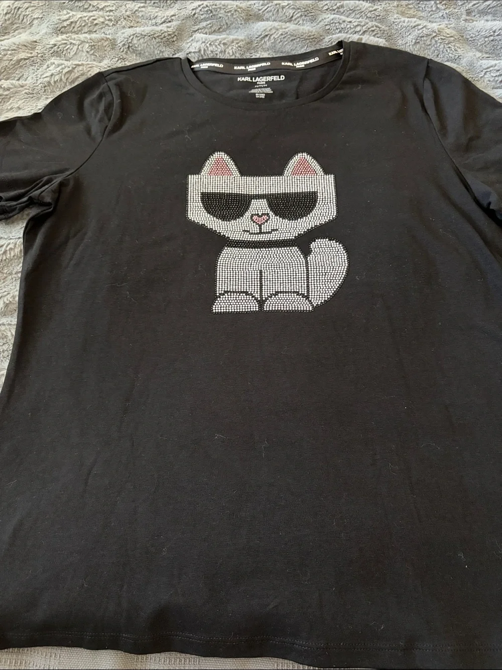 Karl Lagerfeld Black Tee with Rhinestone Cat Motif